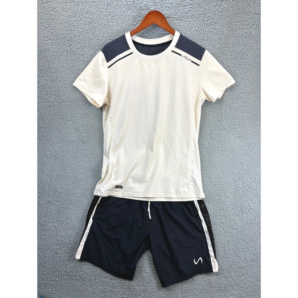 TLF Take Life Further Gym T-Shirt Shorts Set Mens L Cream Black Workout Athletic